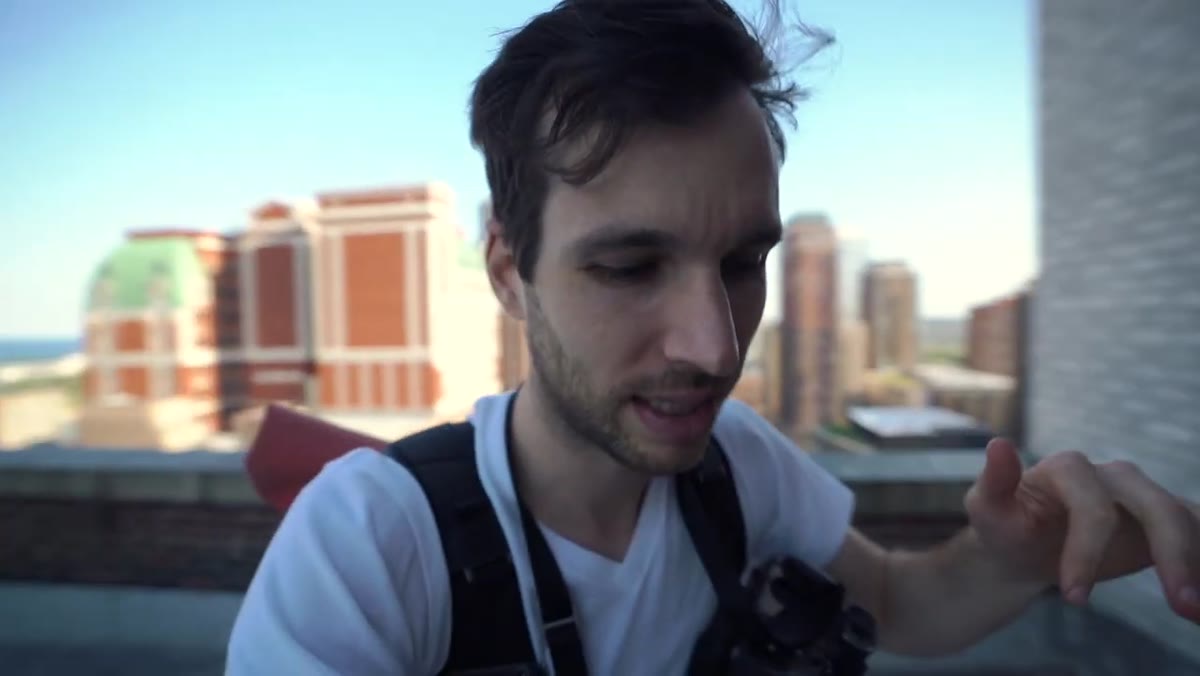 Pierre exploring the rooftop before starting to shoot