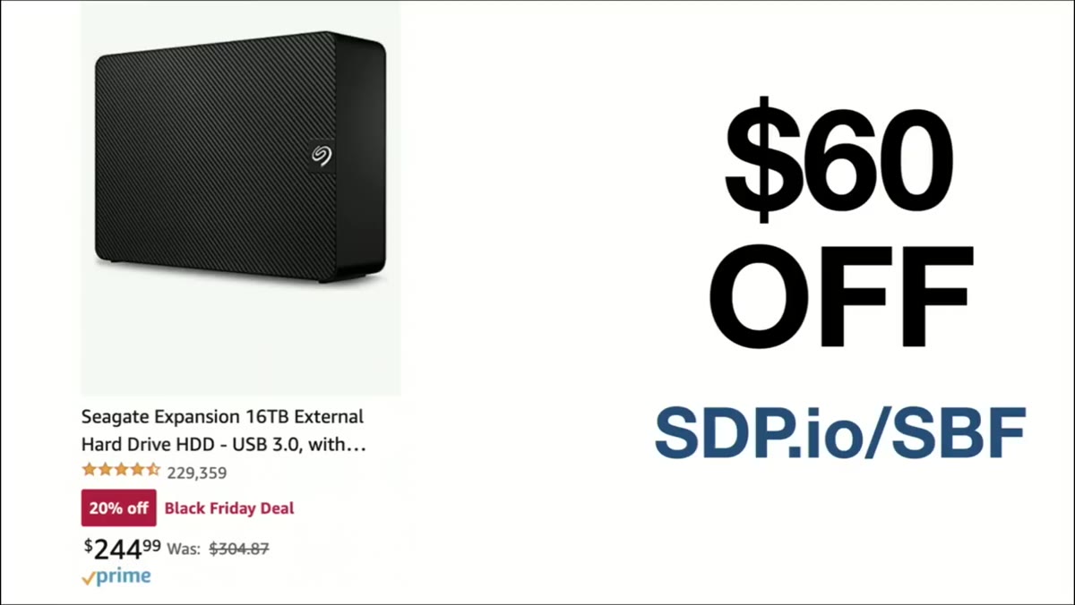 Seagate 16TB external drive deal shown on screen