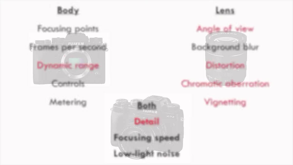 Landscape scene comparing optical quality between lens tiers