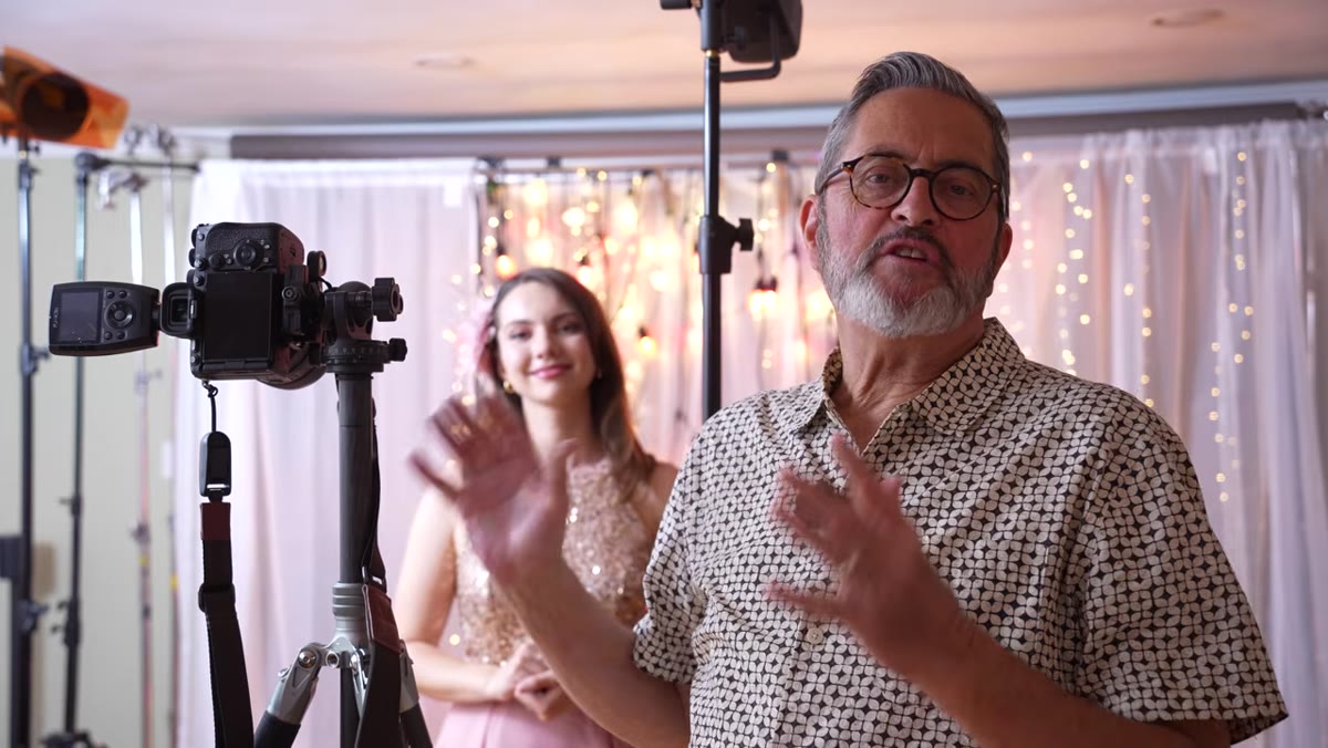 Indoor studio scene with twinkle lights and strobe setup