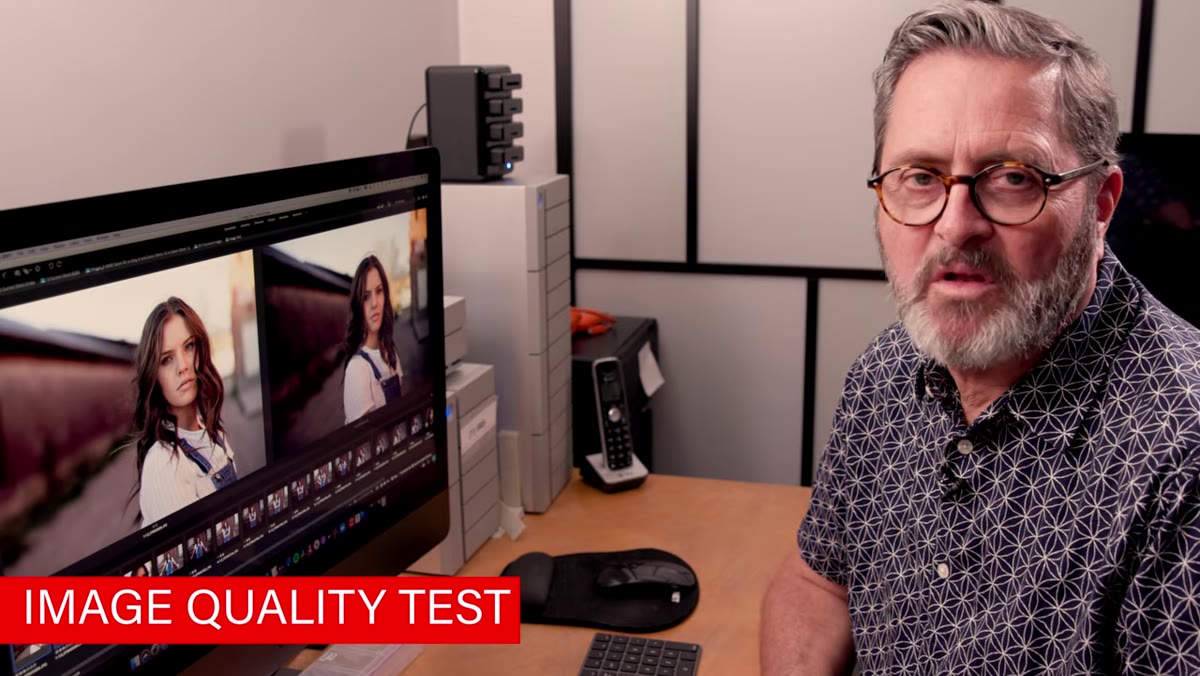 Side-by-side sharpness test images on screen