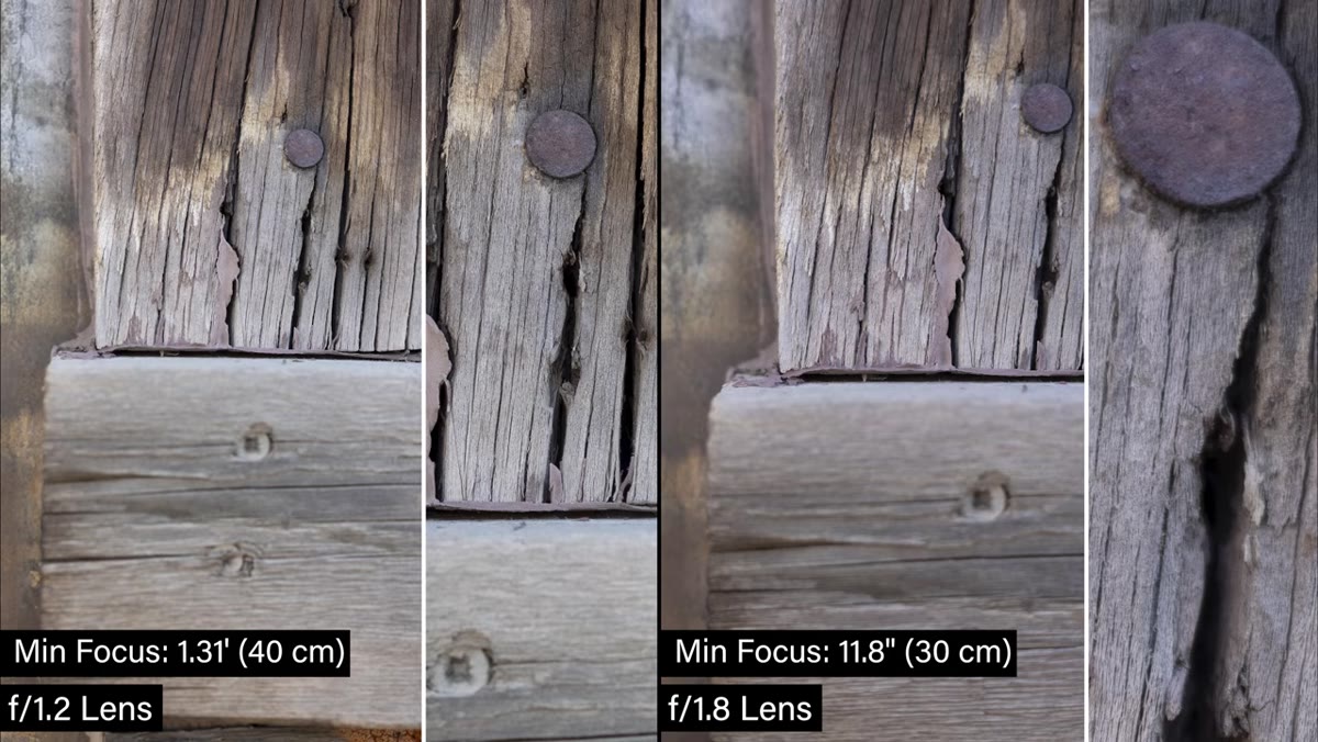 Close-focus comparison showing distance difference between lenses