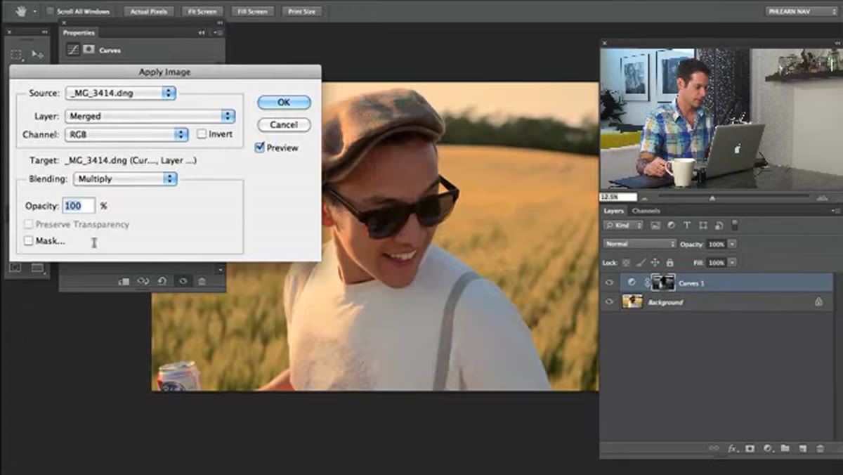Apply Image dialog open on the Curves layer mask