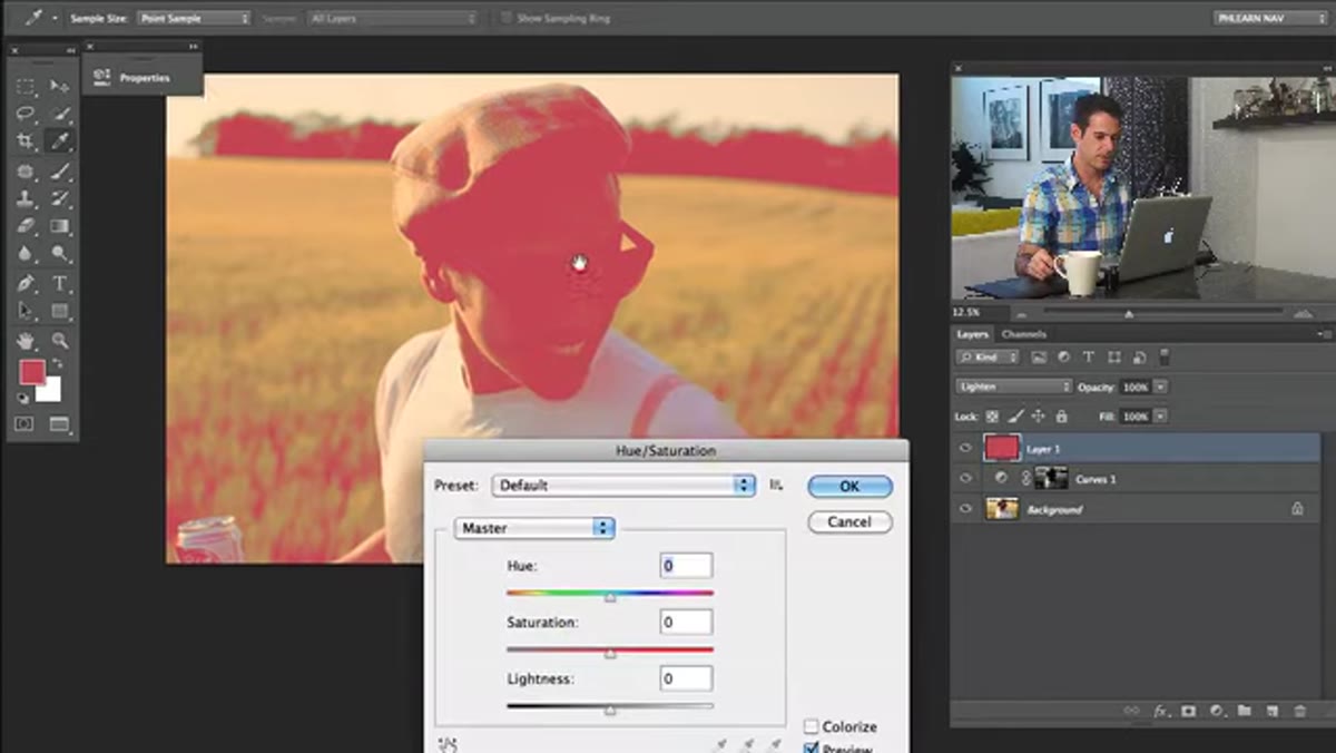 Hue/Saturation dialog open, hue slider being adjusted