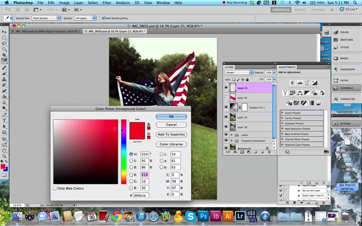 Color picker open with a vivid red selected