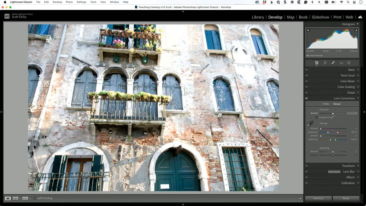 Manual tab showing Distortion slider in Lens Corrections