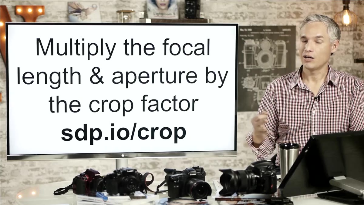 Diagram showing crop factor applied to focal length and aperture