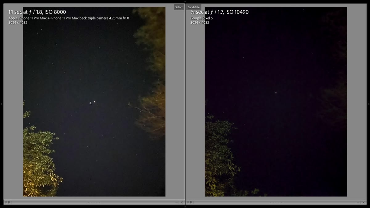 Night sky comparison showing star visibility versus noise levels