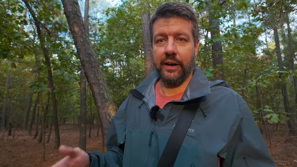 Mark spotting a patch of light hitting tree bark through the canopy