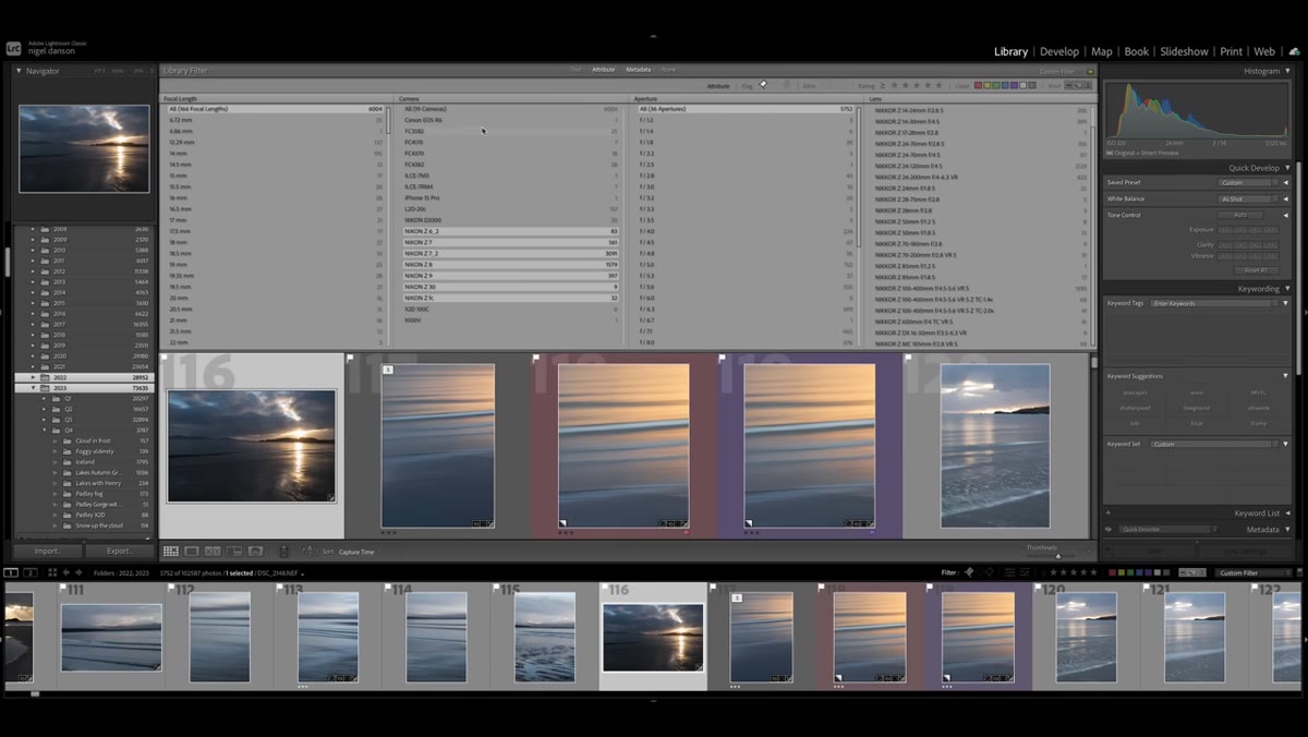 Lightroom catalog open with picked images filtered