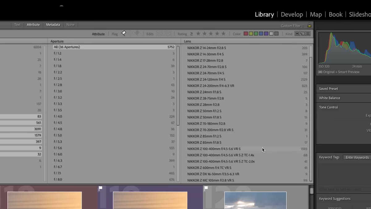 Lens metadata breakdown visible in Lightroom right panel