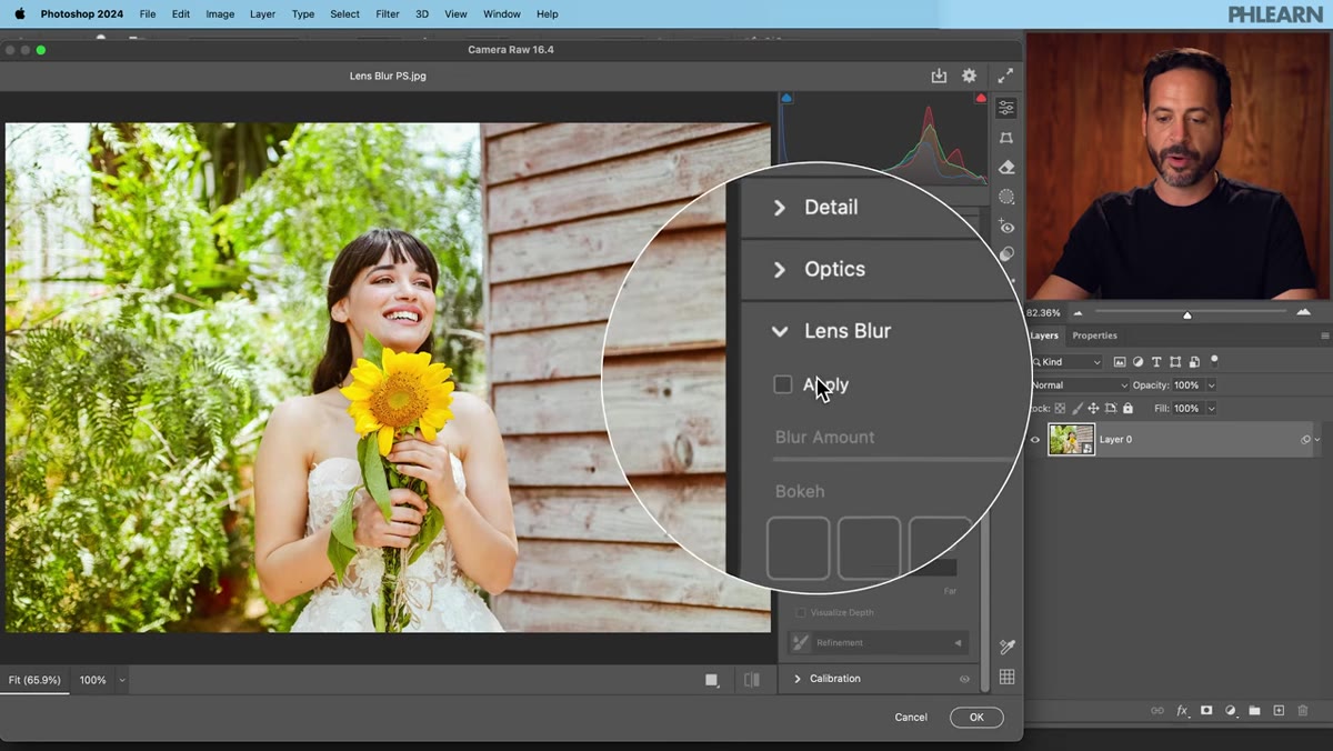 Lens Blur panel open with Apply checkbox visible