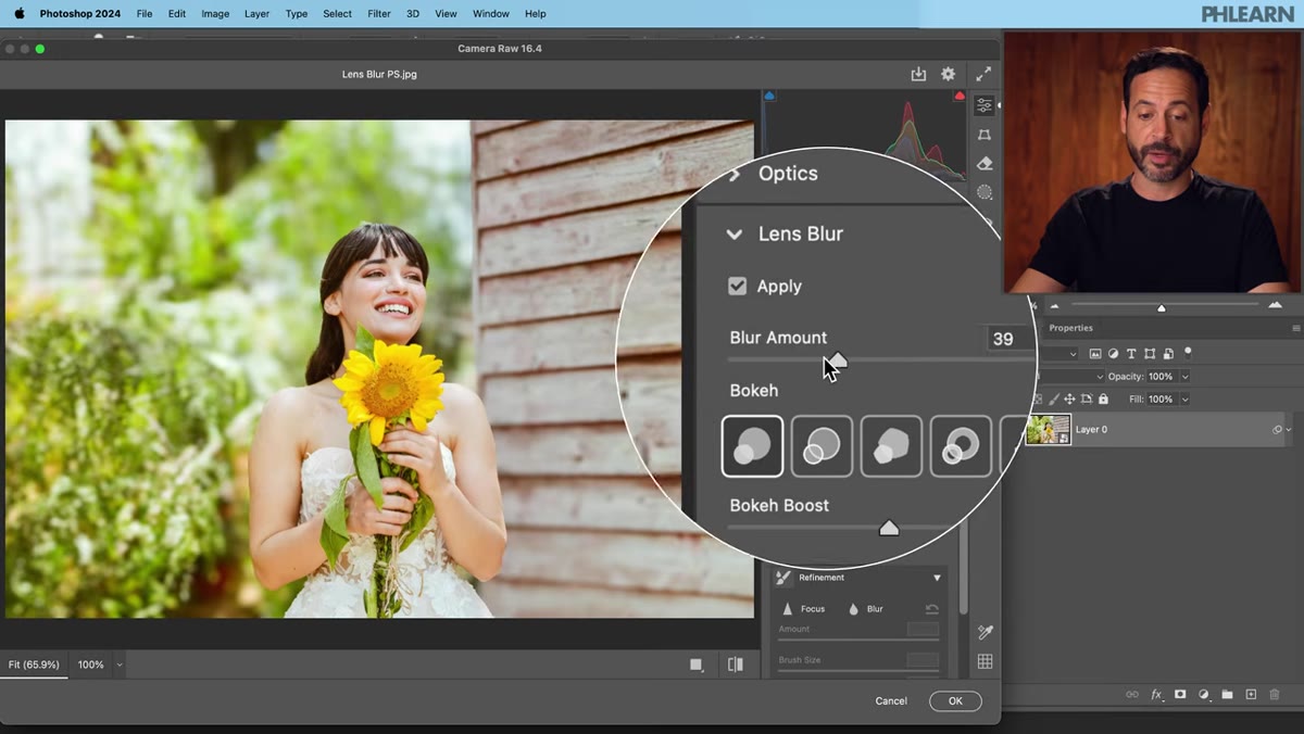 Blur Amount slider and bokeh shape options in Lens Blur panel