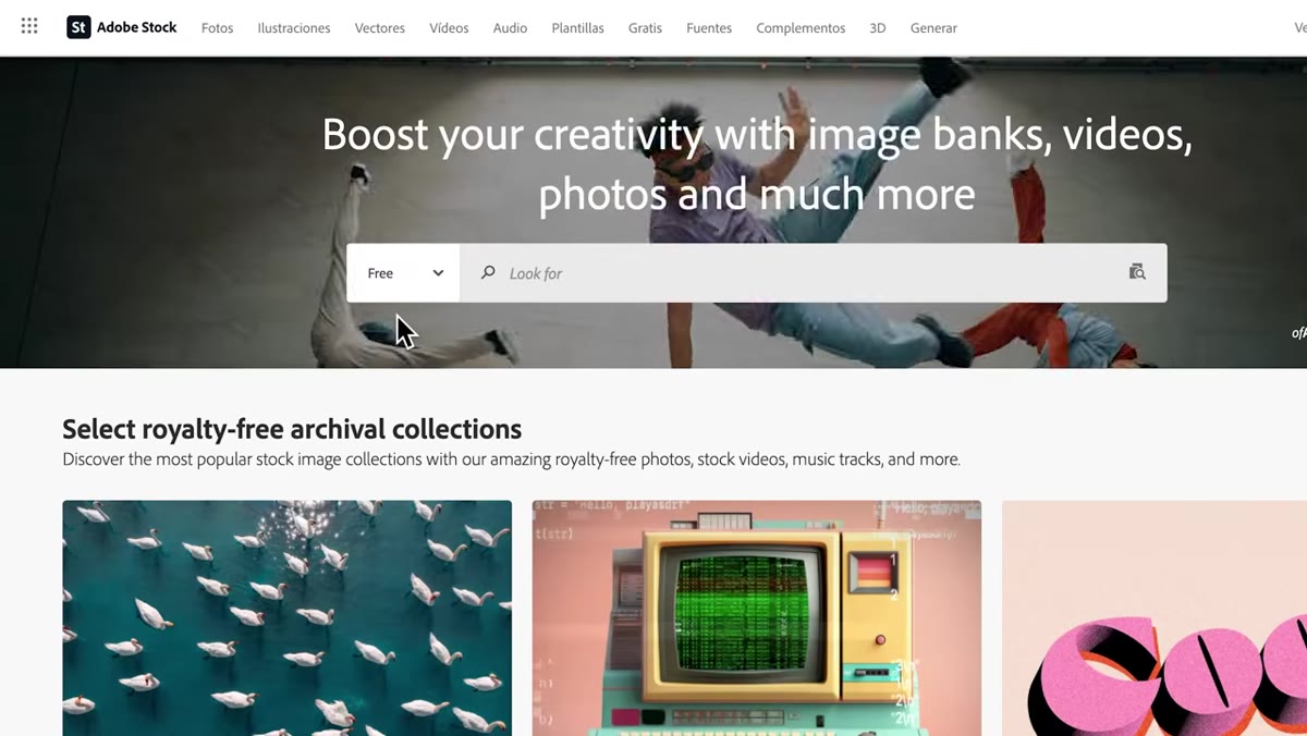 Adobe Stock panel open with &ldquo;lens flare&rdquo; search results
