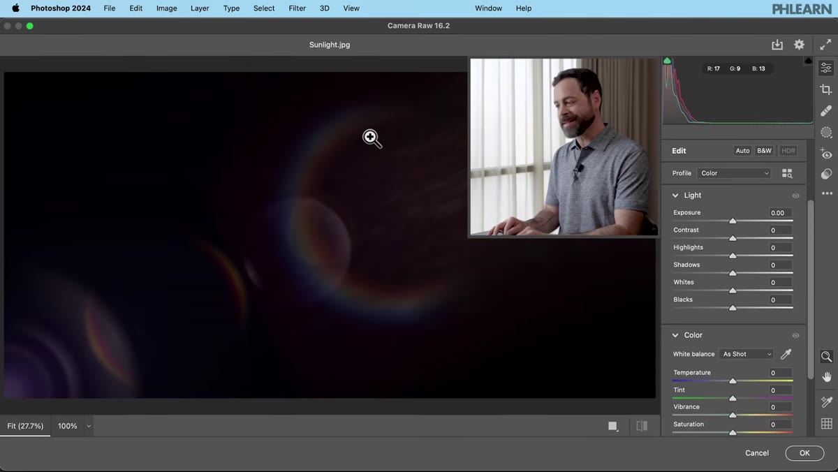 Camera Raw filter open with Temperature slider being adjusted