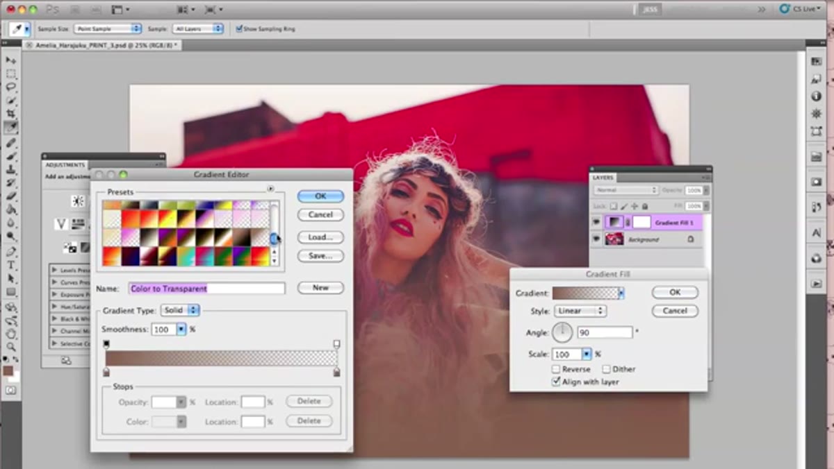 Selecting a white-to-transparent gradient from the preset panel
