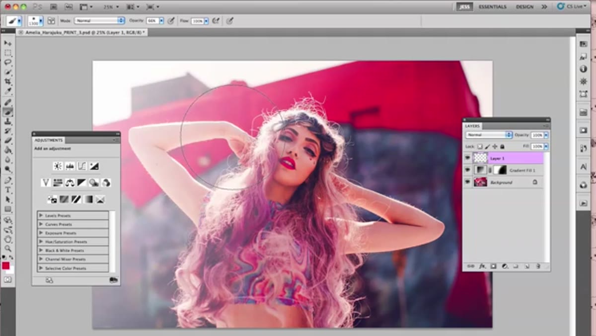 New layer set to Overlay blend mode with red brush strokes