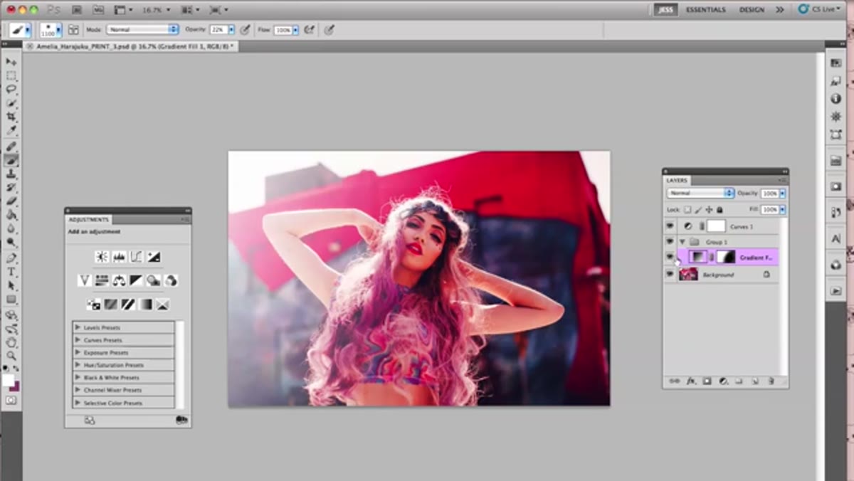 Applying a colored gradient fill layer set to Overlay
