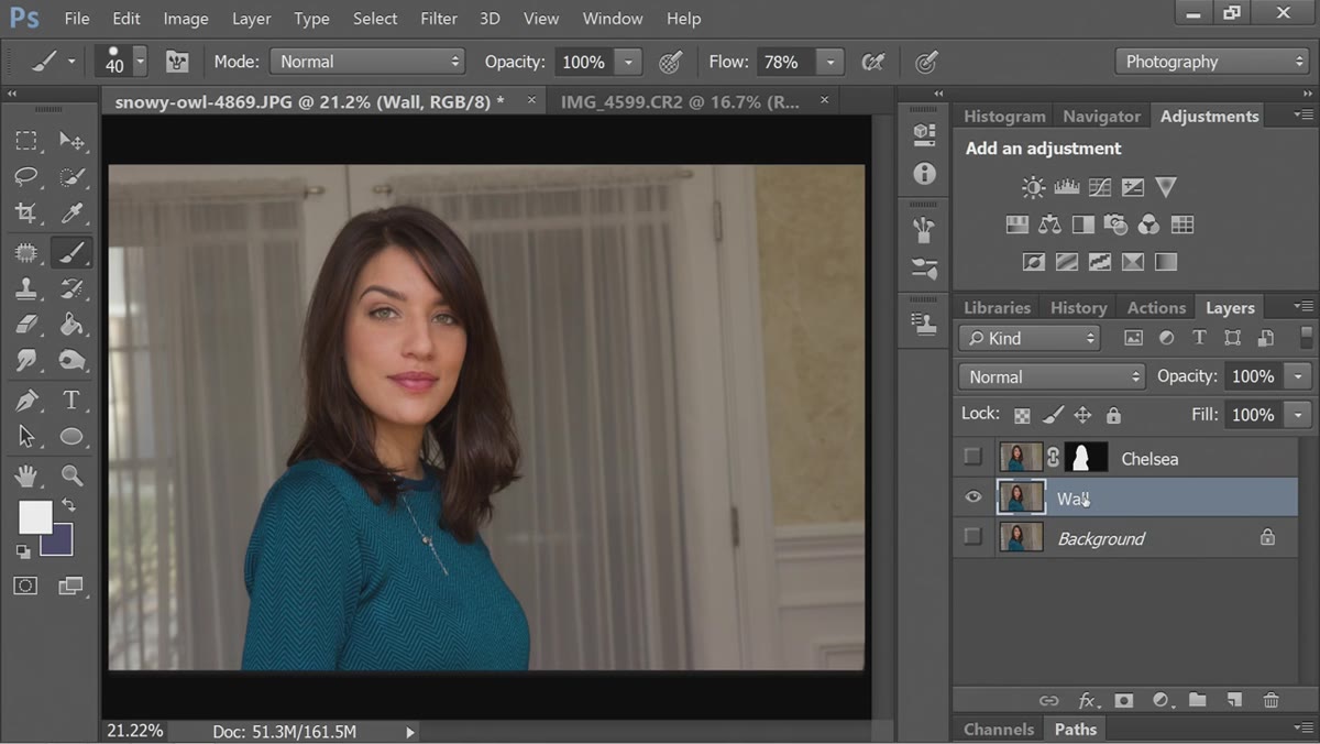 Layers panel showing Chelsea layer hidden, background layer selected