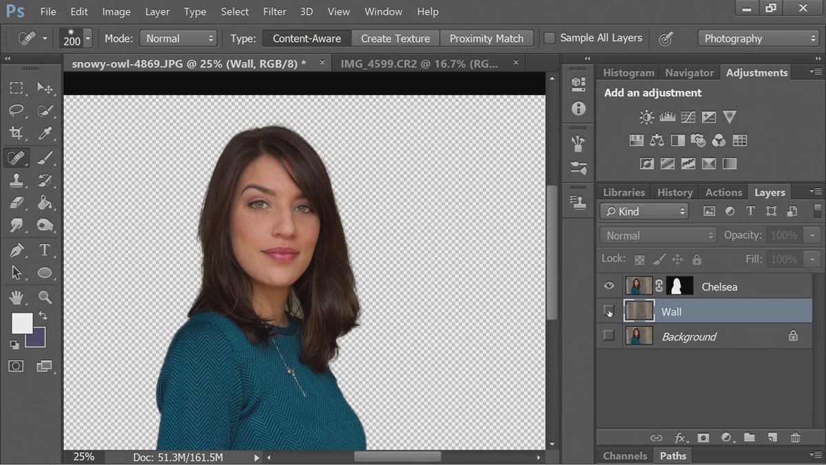 Layers panel showing subject and cleaned background as separate layers