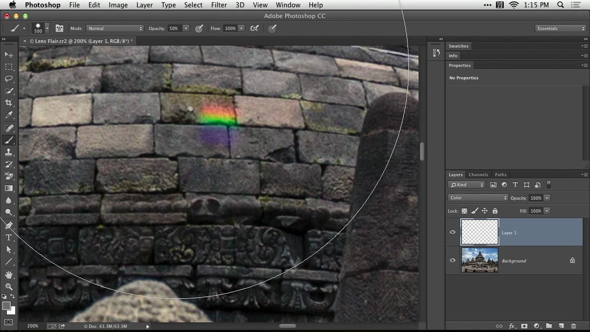 Paintbrush tool selected with opacity and mode settings visible
