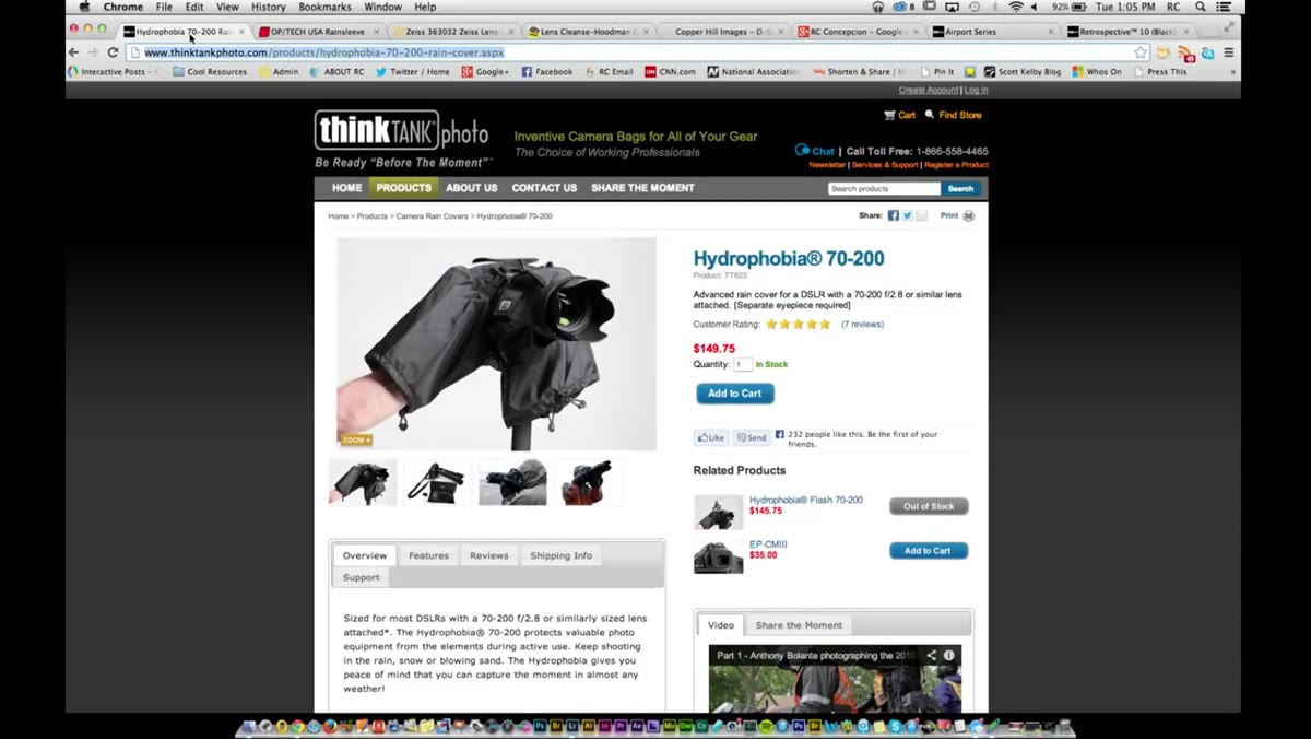 RC demonstrating Think Tank Hydrophobia rain cover on a lens