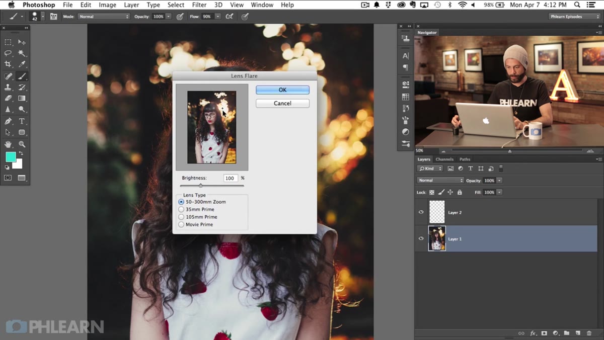 Lens Flare dialog open over the photo layer