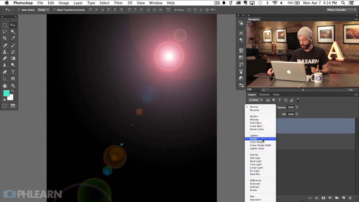 Layer blending mode dropdown set to Screen