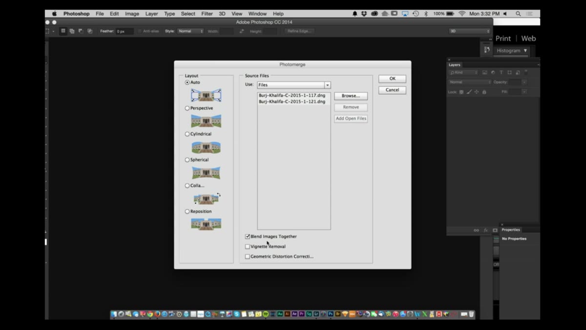 Photoshop Photomerge dialog with layout and options visible