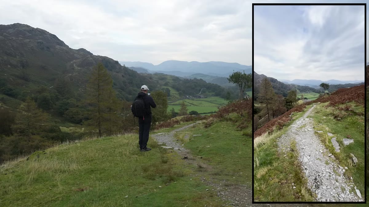 Camera positioned low near rocks to emphasize foreground depth