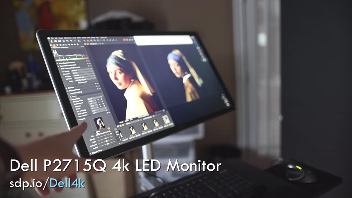 4K monitor on rolling stand showing tethered capture from Capture One