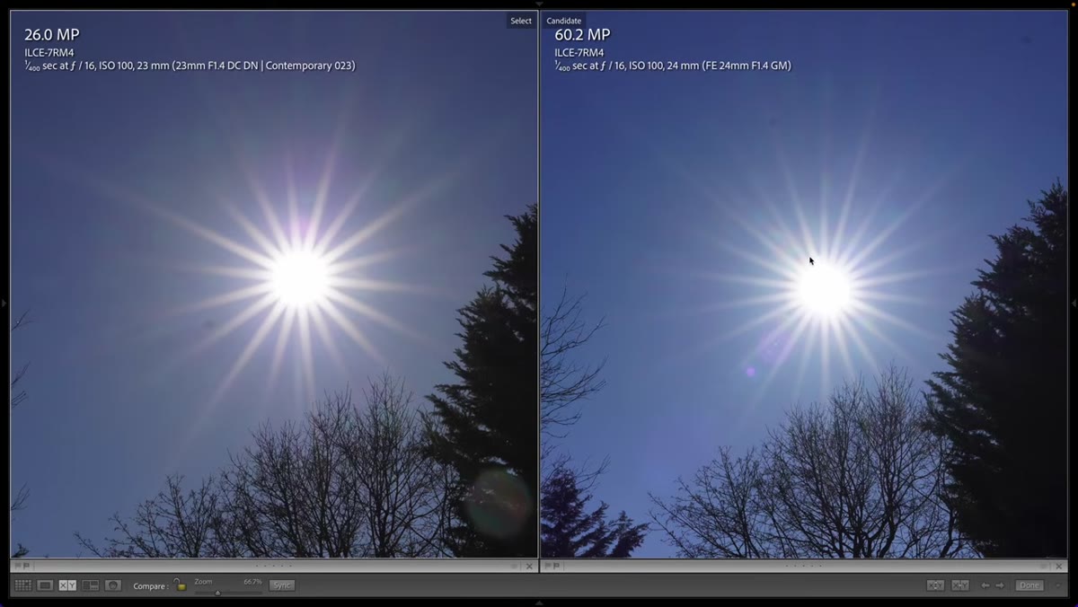 Direct sun shot at f/16 showing starburst rendering