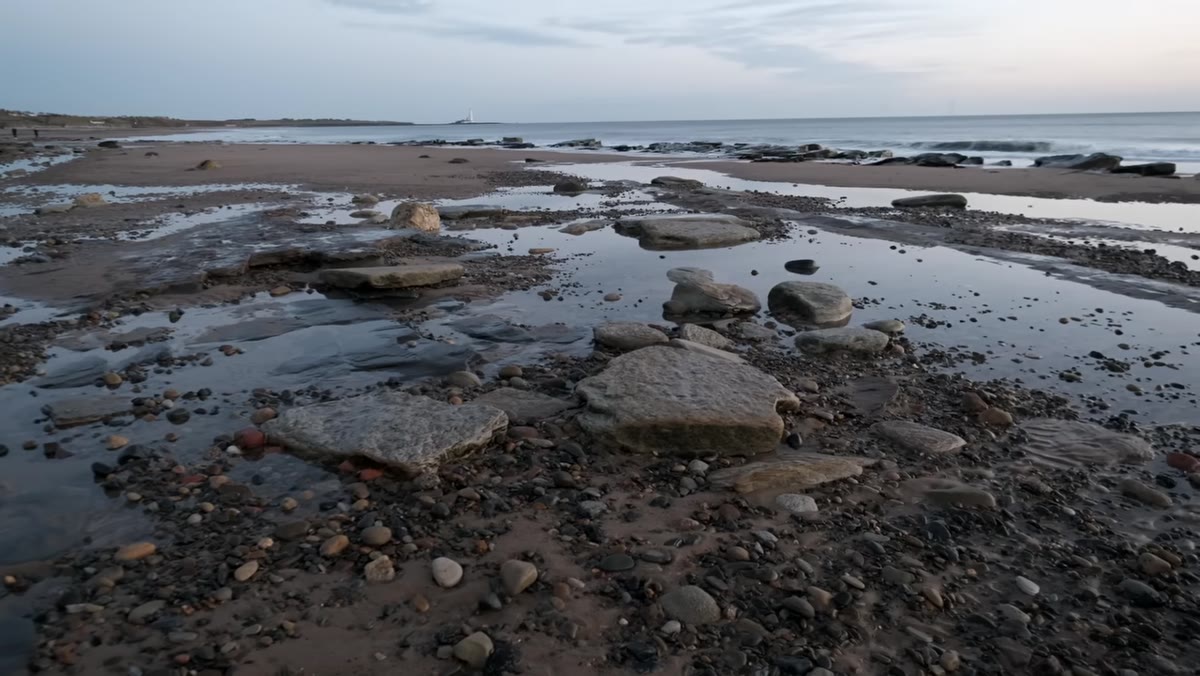 Wide rocky beach scene with boulders arranged in sweeping foreground