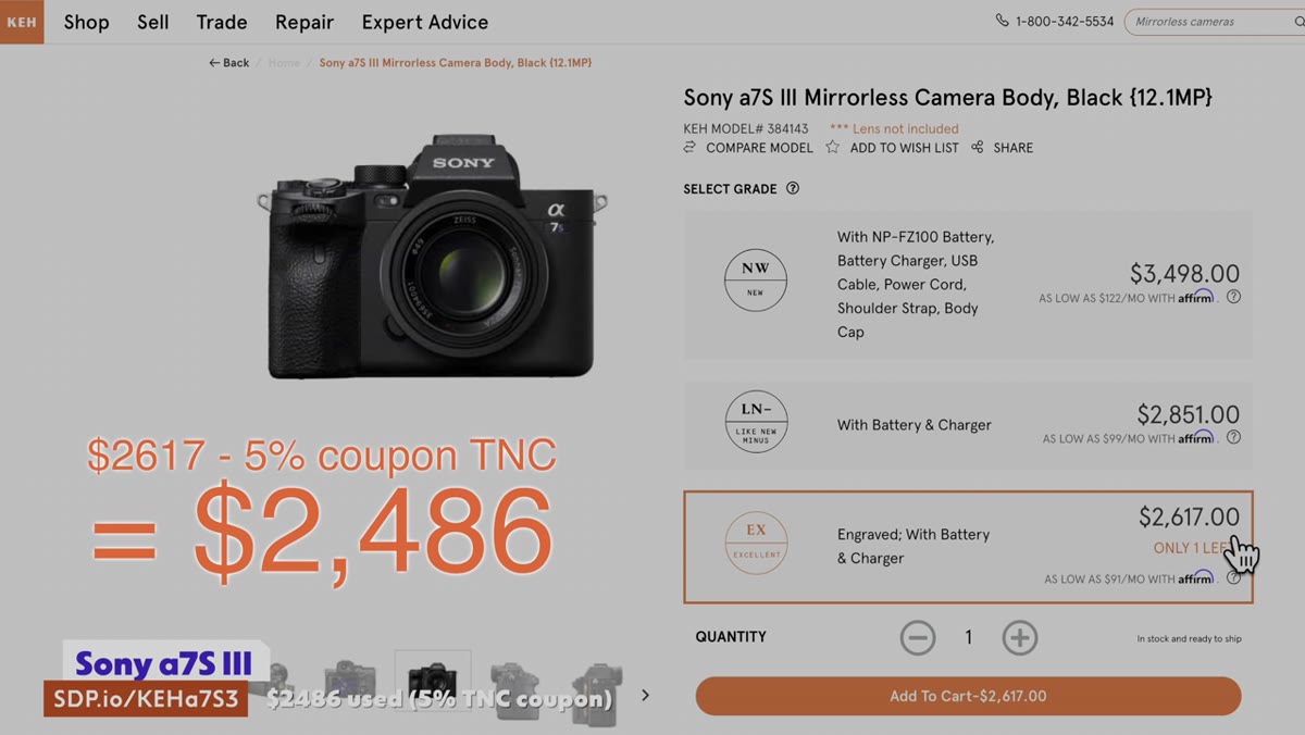 Used price comparison shown for Sony a7S III