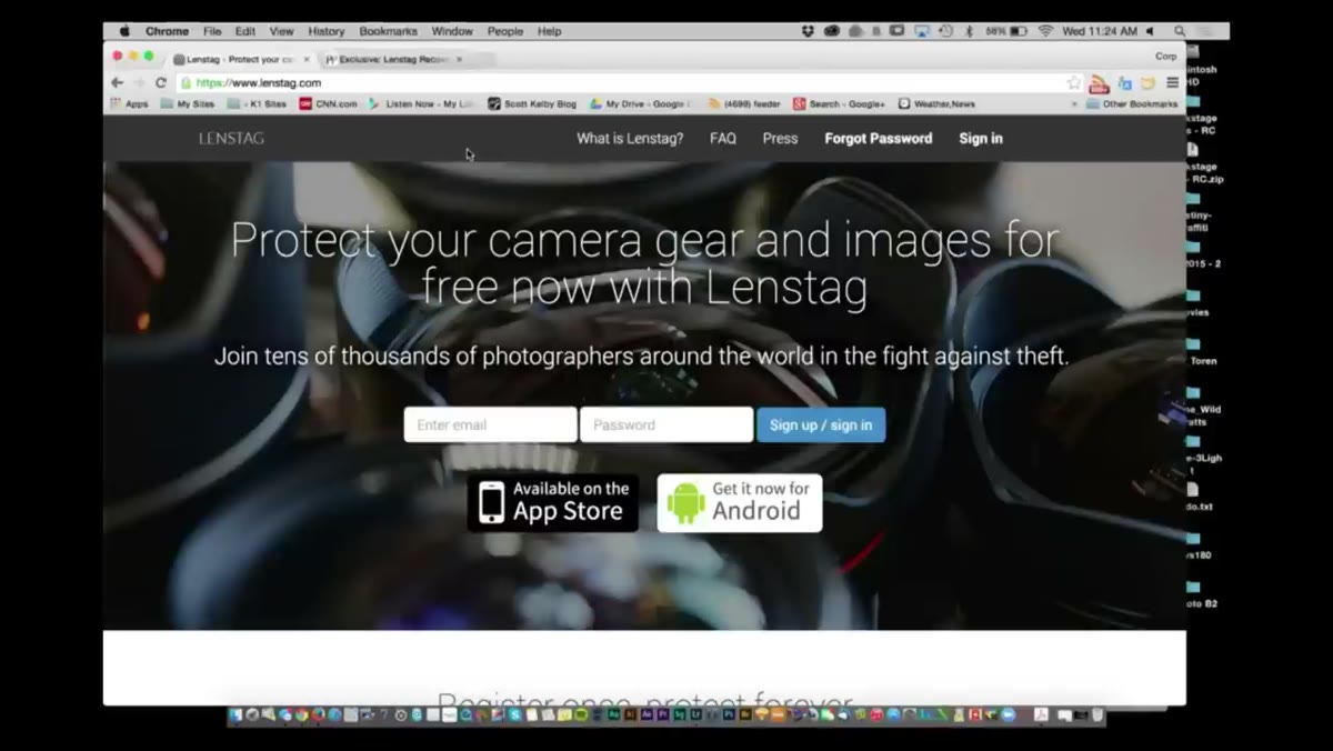 Lenstag website homepage with sign-up option visible