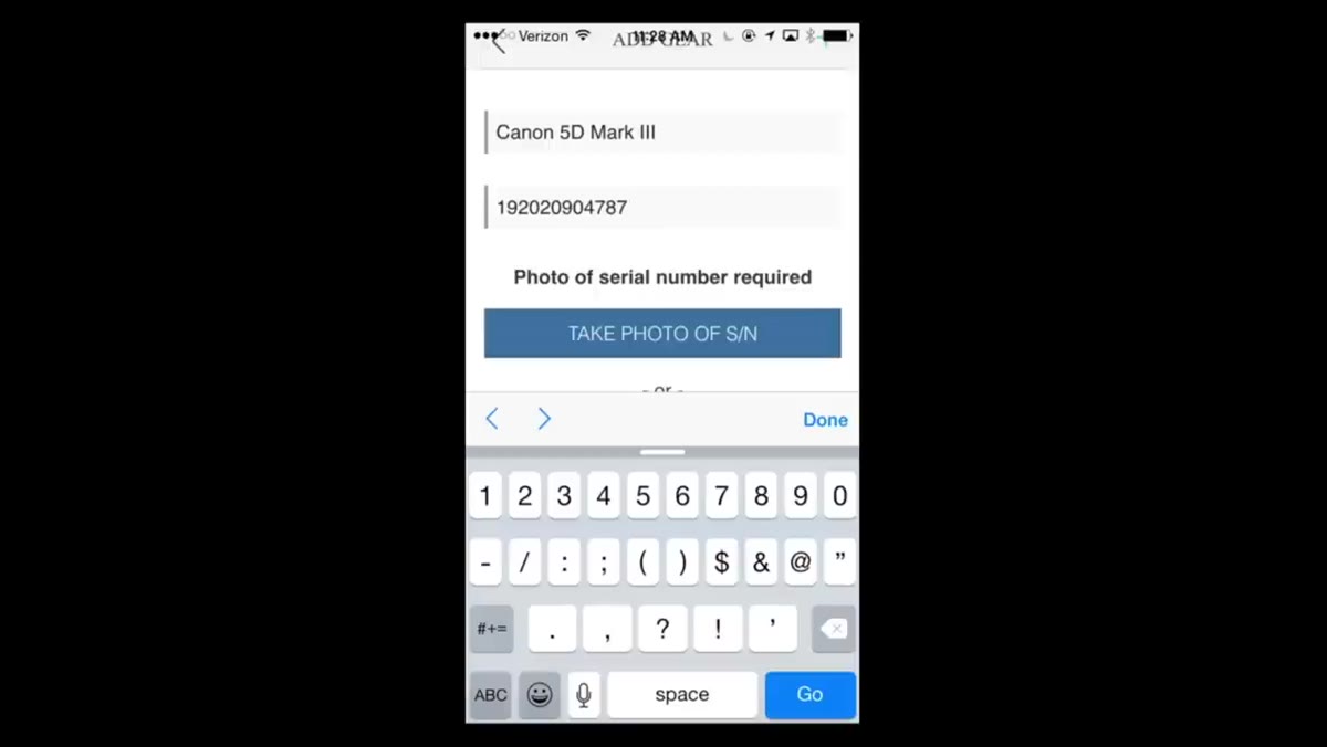 Confirmation screen after serial number photo is uploaded