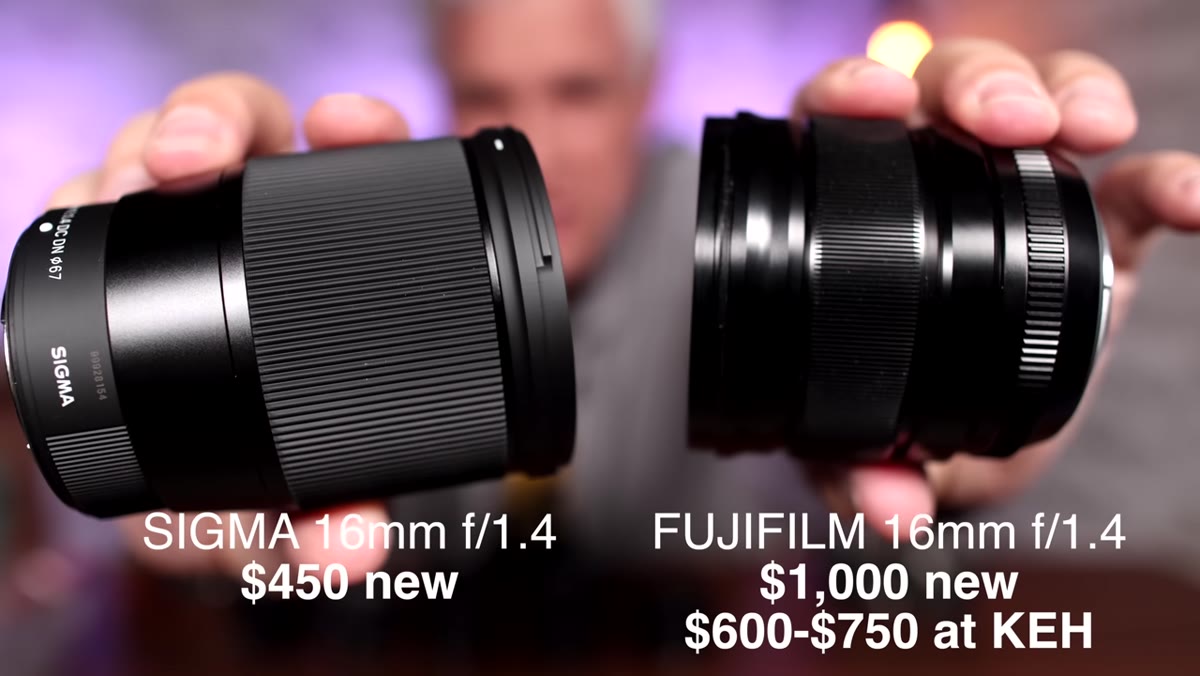 Sigma 16mm and Fuji 16mm f/1.4 held up side by side