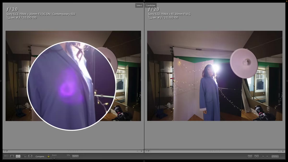 Backlit mannequin test showing purple flare on Sigma lens