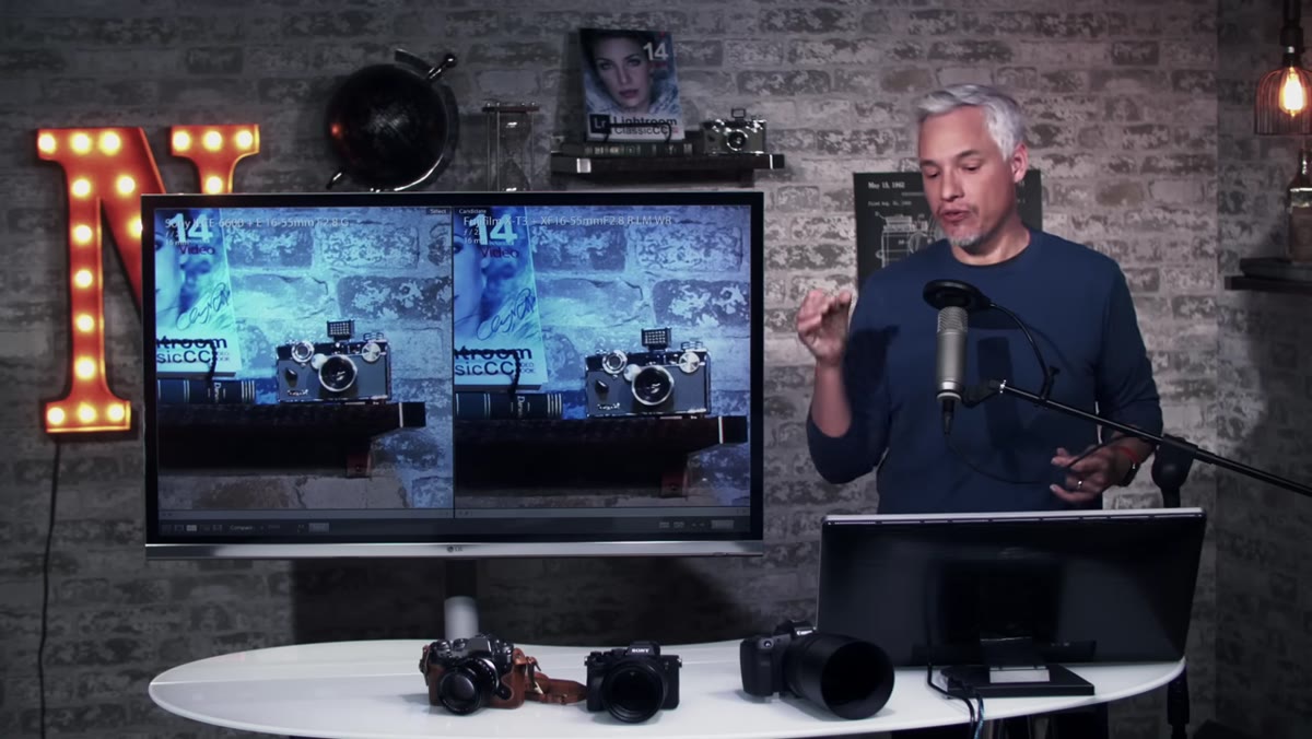 Tripod-mounted cameras side by side on test scene