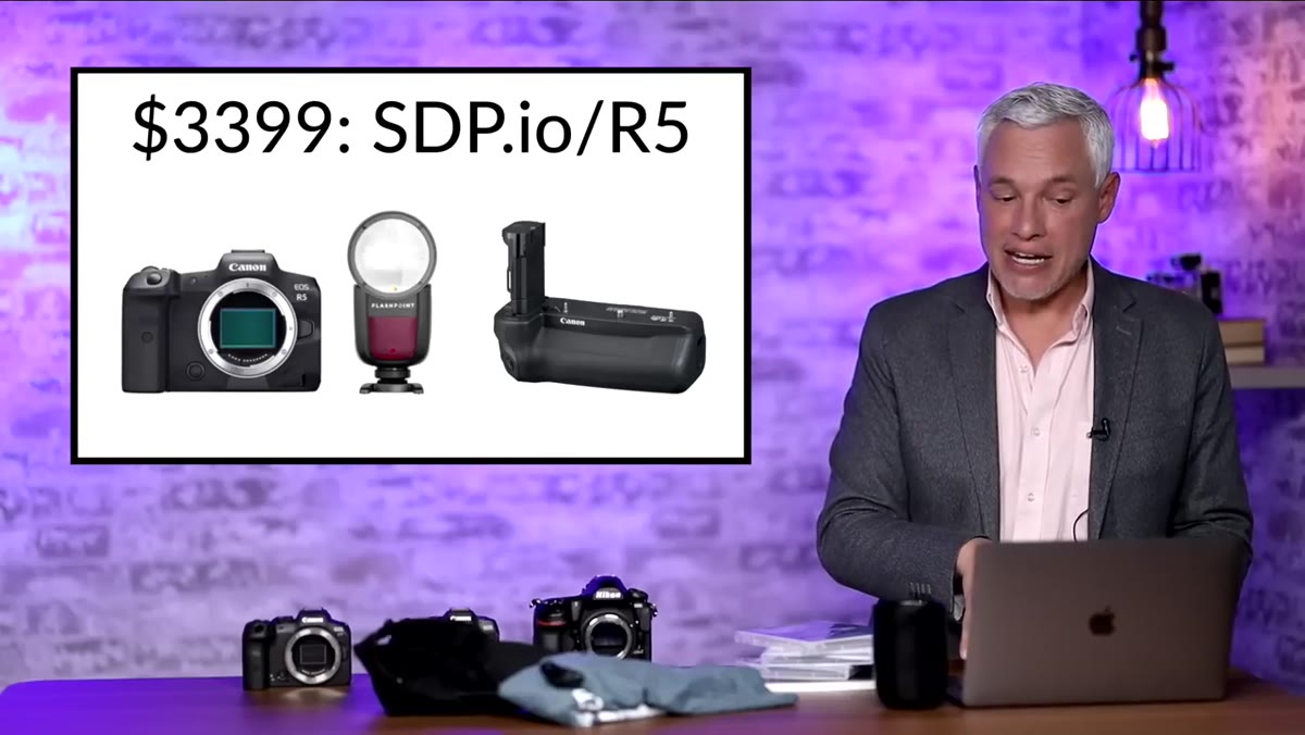 Canon R5 bundle shown with Flashpoint flash and vertical grip options