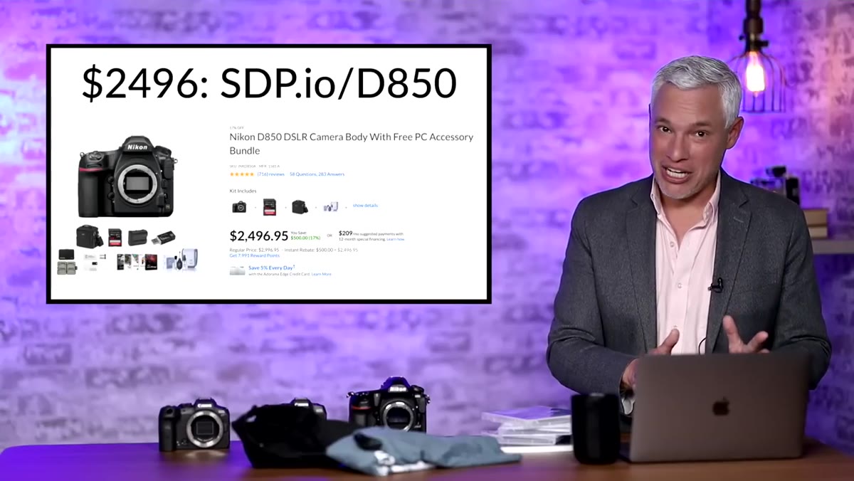 Nikon D850 listed at $2,496 with included extras shown