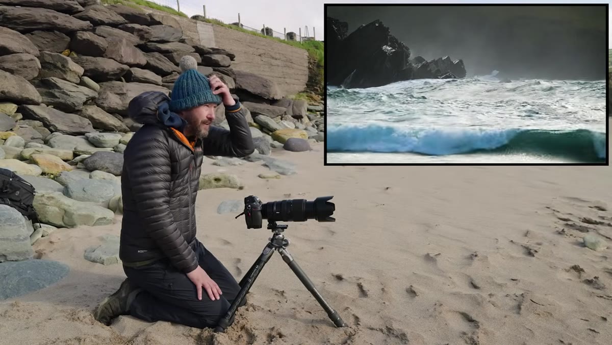 Danson describing 1/3000s shutter speed while waves crash behind him