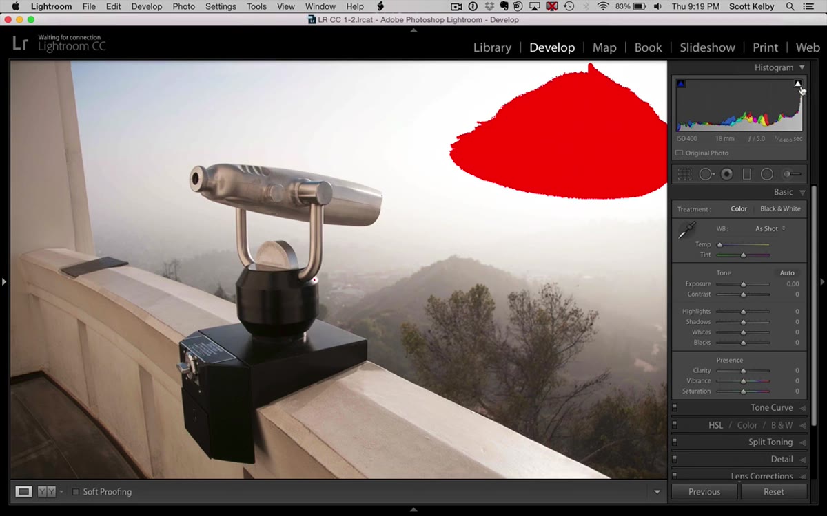 Red overlay showing clipped areas on the photo