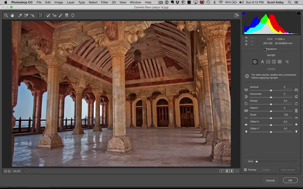 Transform panel icon highlighted inside Camera Raw