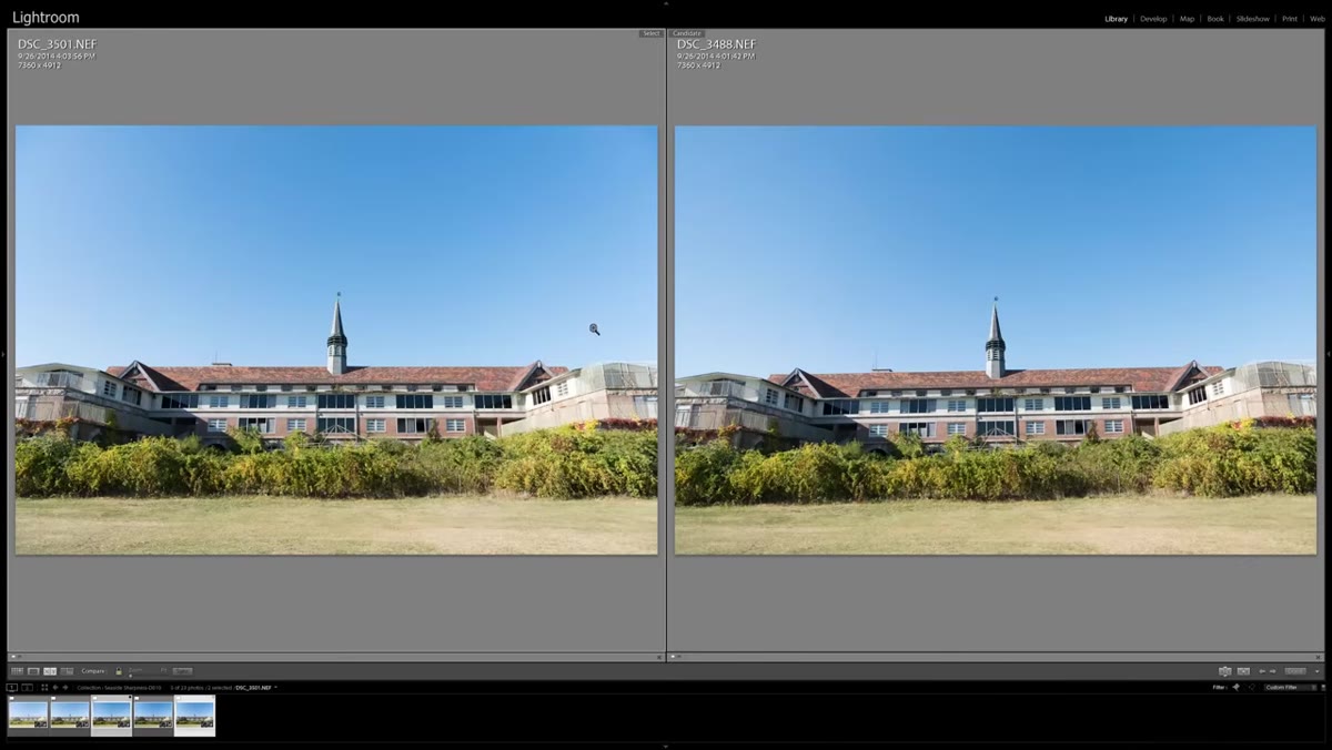 Side-by-side comparison of building shots, Nikon left, Tamron right