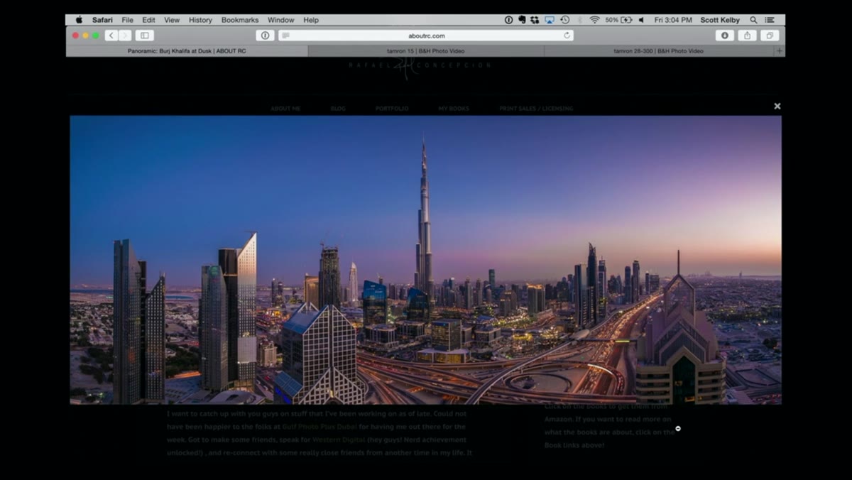 Dubai panoramic photo displayed on screen from the Tamron 15-30mm