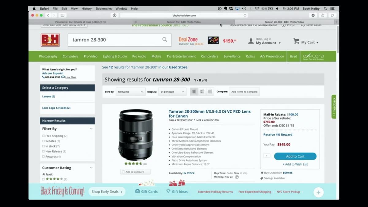 B&H website shown with Tamron 28-300mm listed at $849