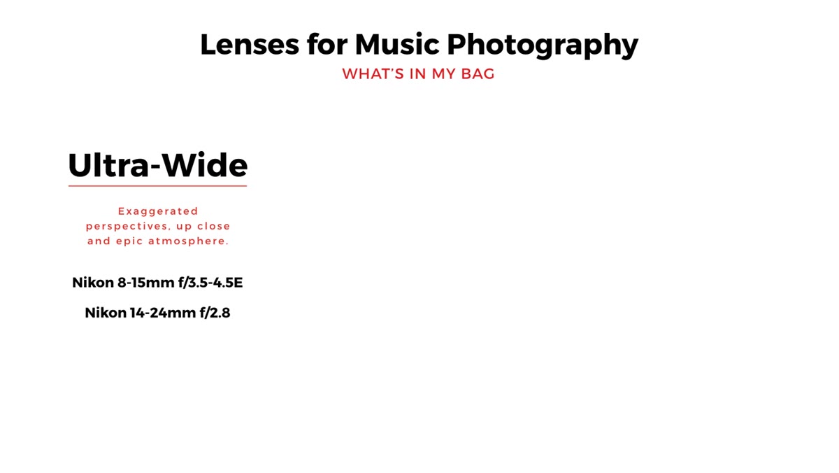 Todd laying out three lens categories for music photography