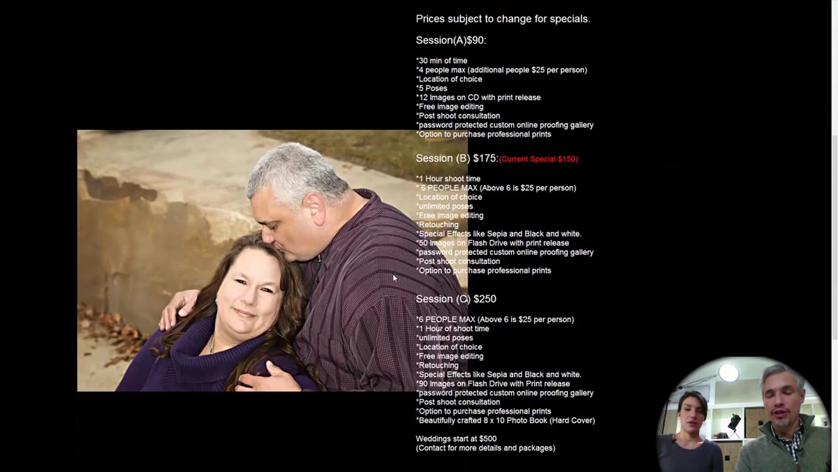 Pricing section visible on photographer&rsquo;s website
