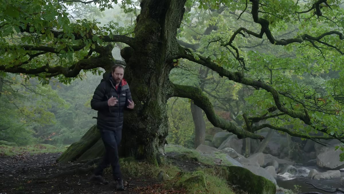 Danson walking through foggy woodland explaining lens switch